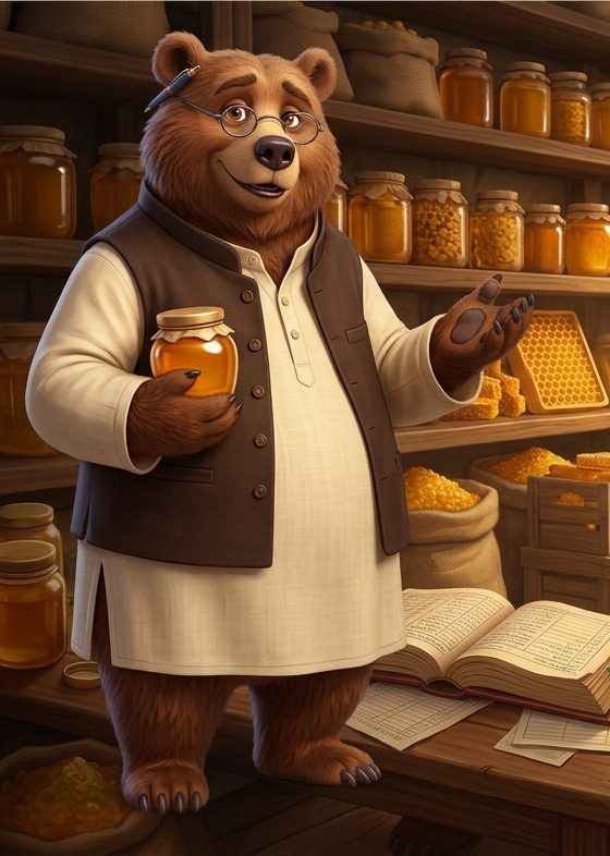Bhalu, a honey distributor bear, smiling in his warehouse